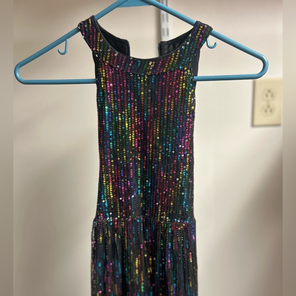 girls size 12, long black dress with multicolored sequins, halter, neck